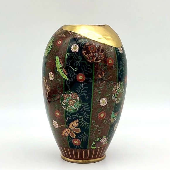 Kintsugi Antique Japanese Cloisonné Vase Meiji Era Goldstone Butterfly Floral - Picture 17 of 17